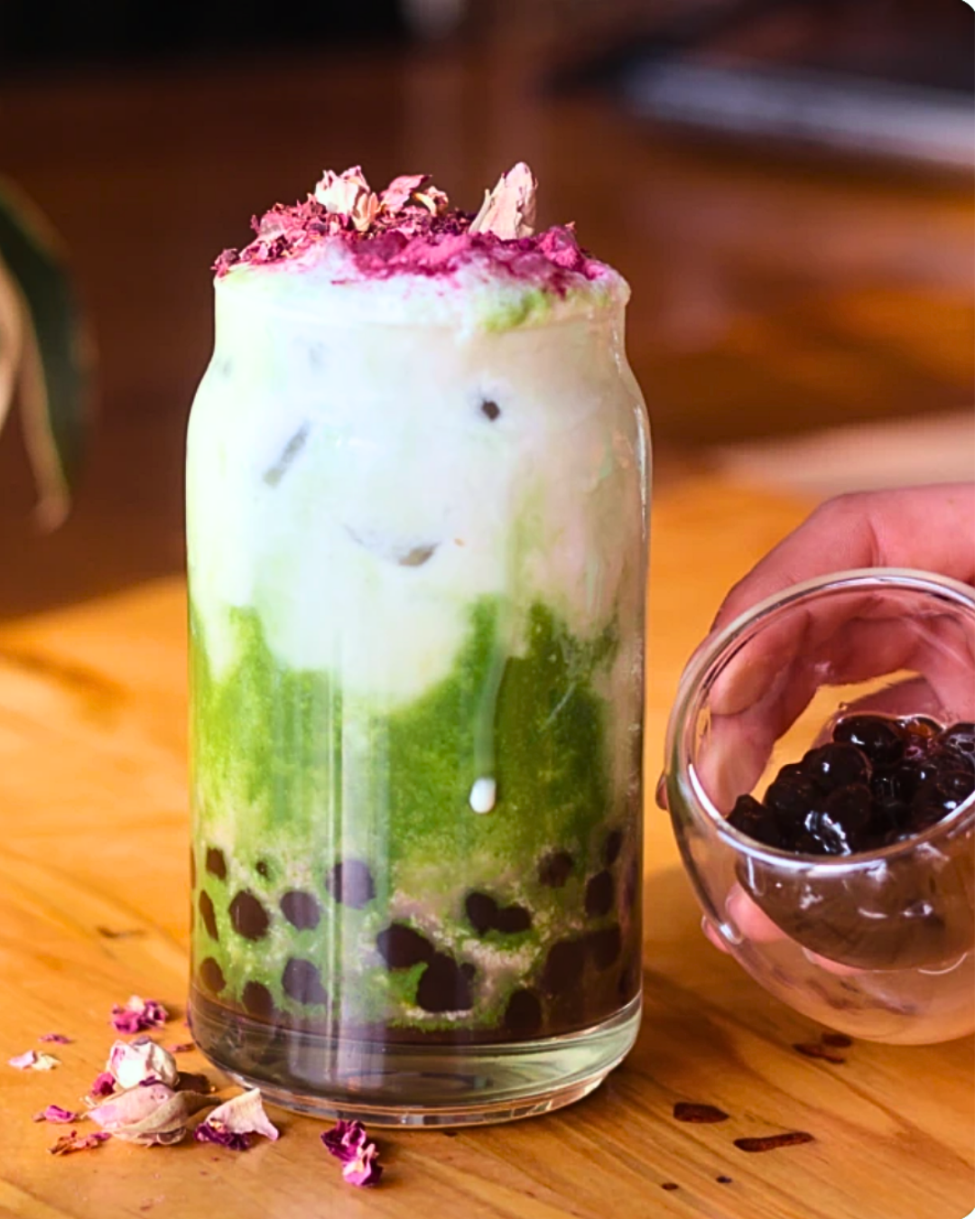 A trio of boba teas on a lounge table at Plant Bar